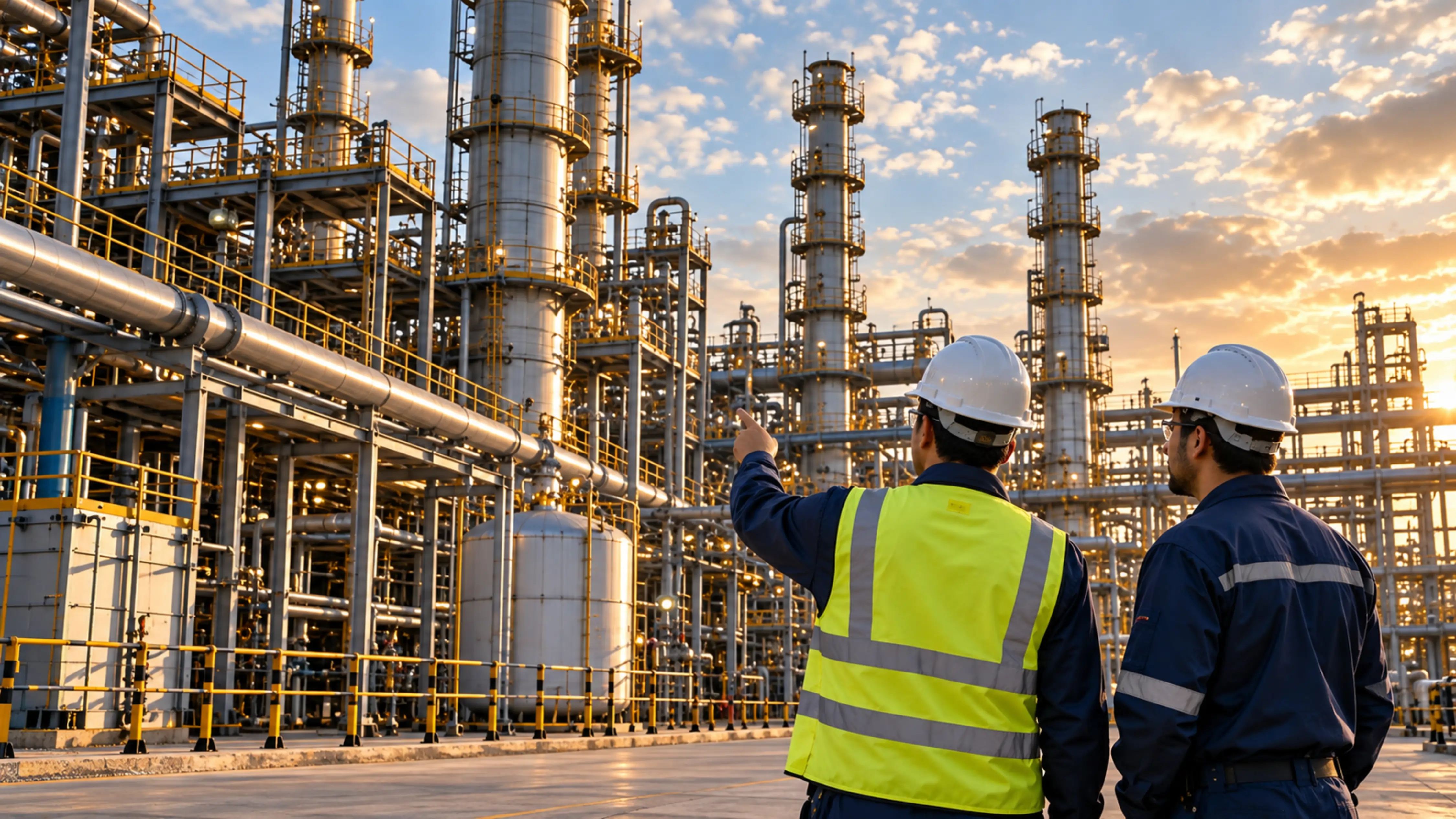 Dos trabajadores con casco observan una instalación industrial con torres y tuberías al atardecer