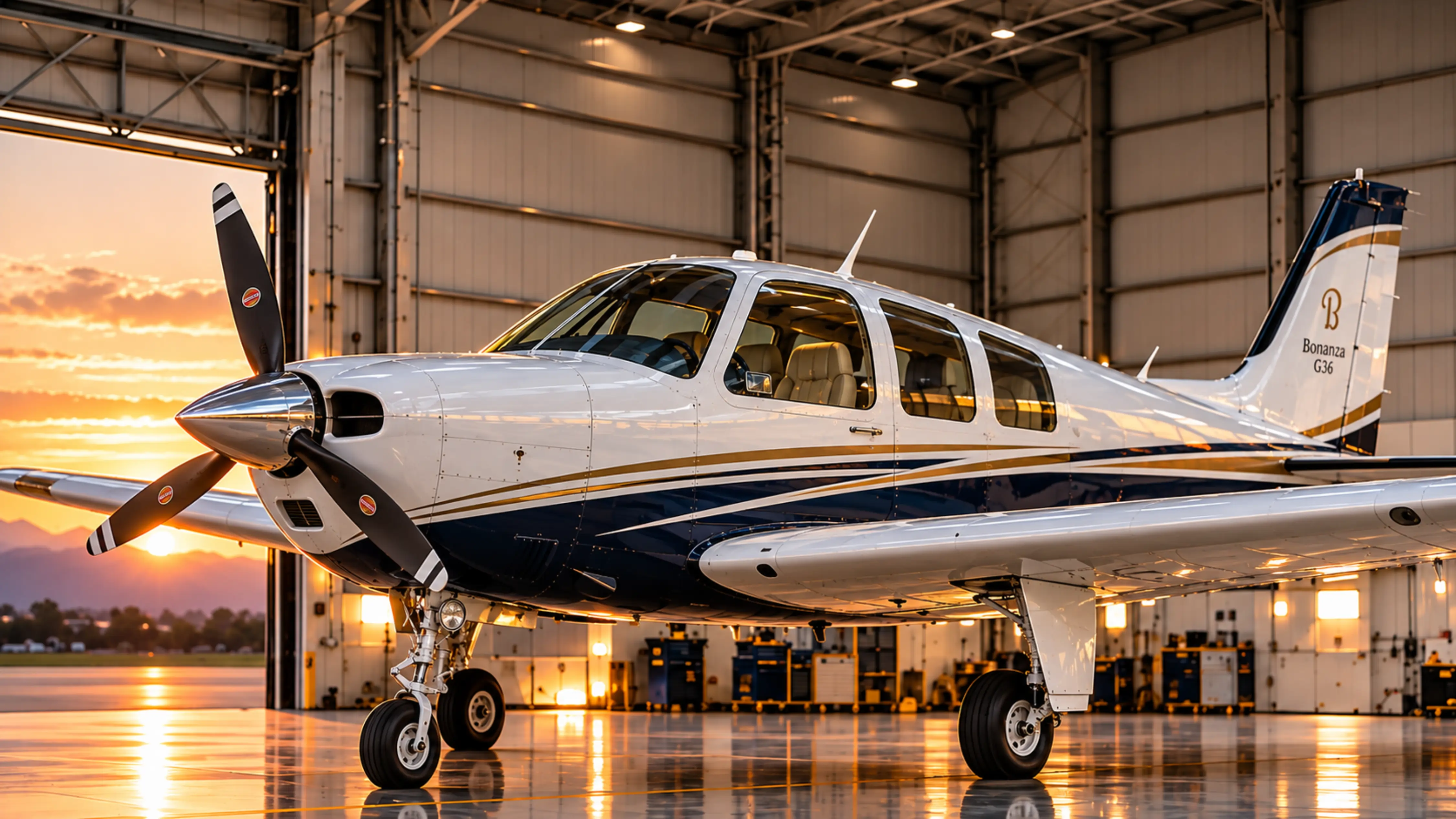 Avioneta monomotor blanca con detalles azul marino y dorado dentro de un hangar al atardecer