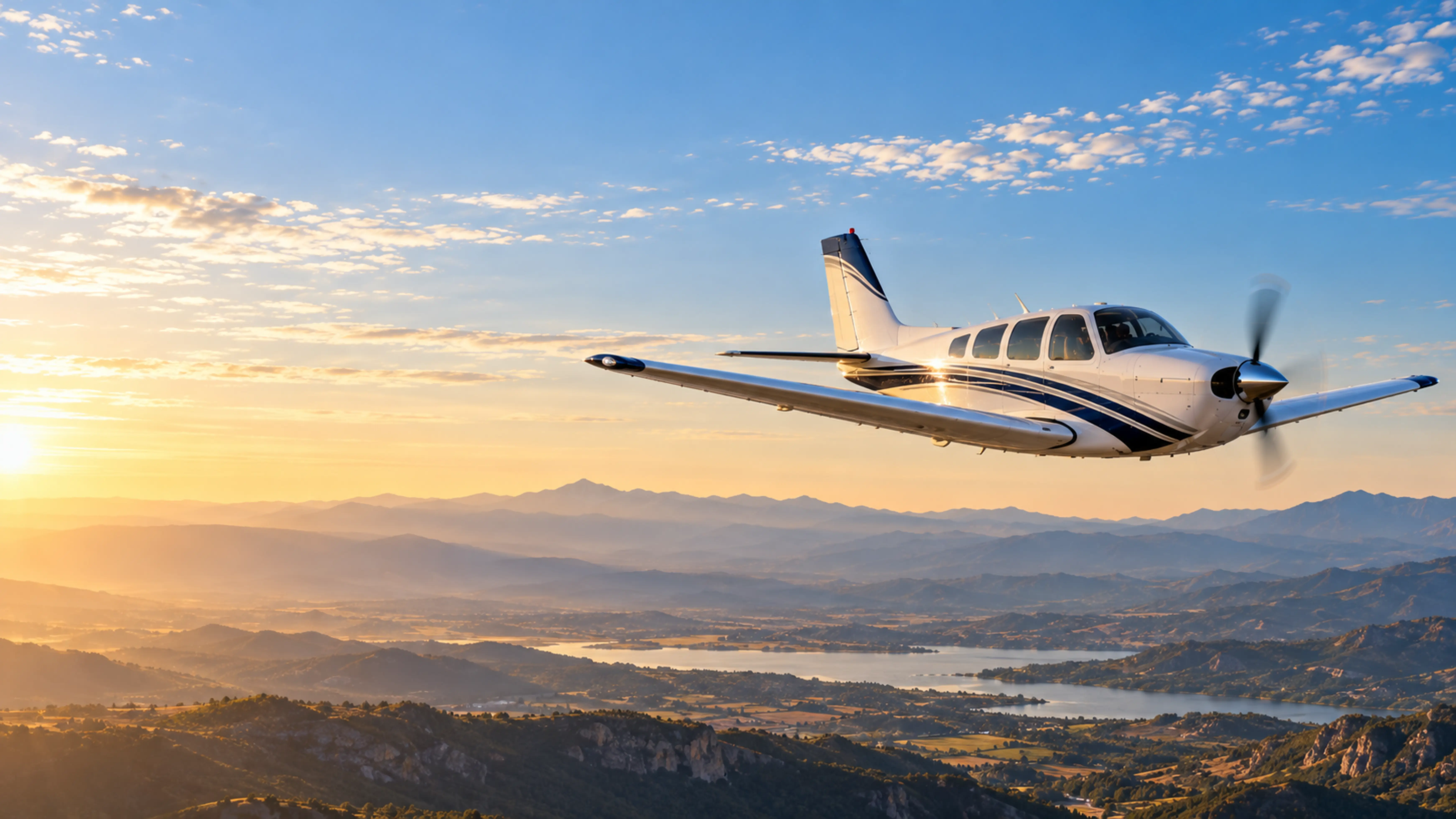 Avioneta monomotor volando sobre un paisaje montañoso al atardecer