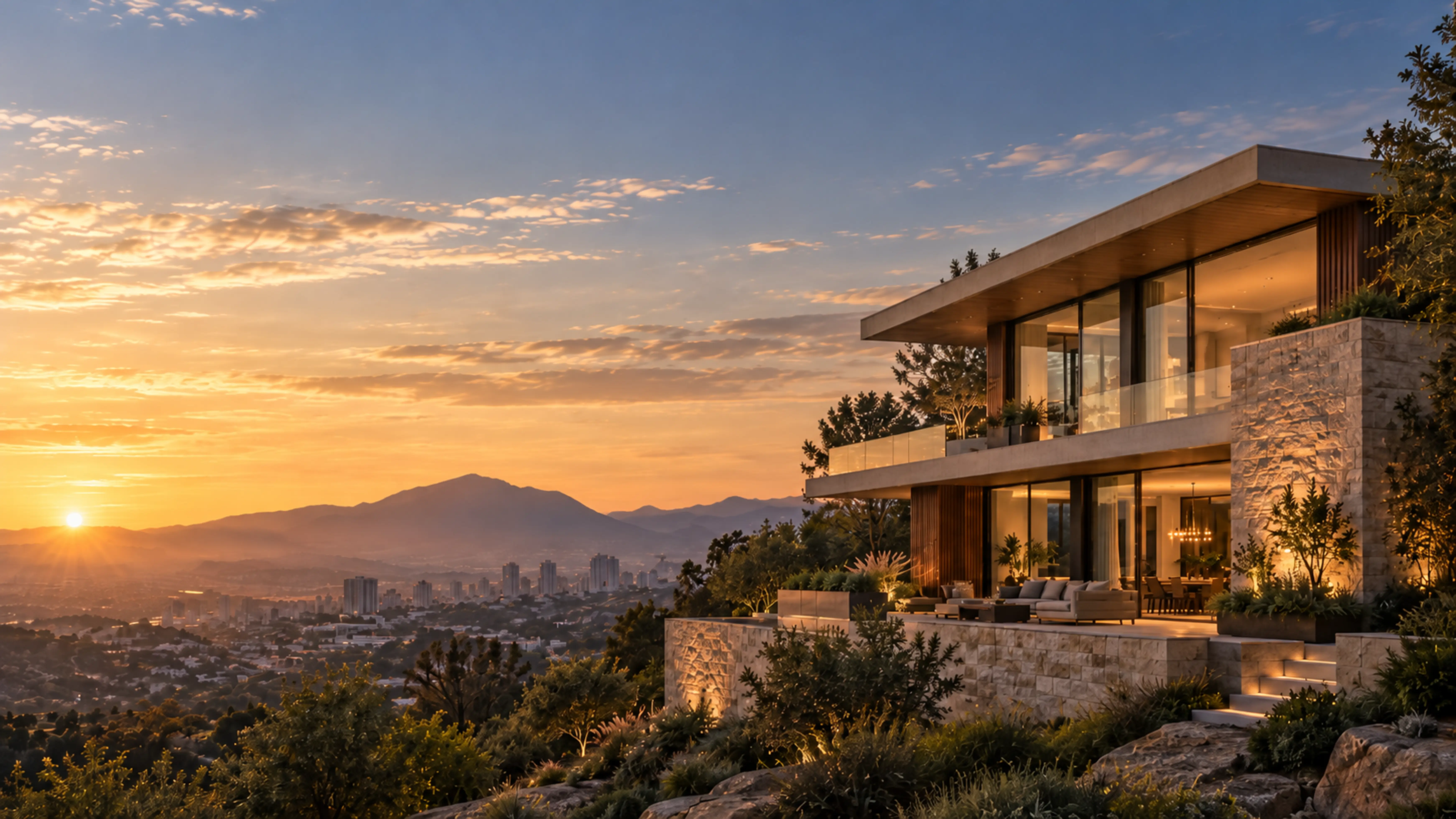Residencia contemporánea de arquitectura elegante, situada sobre una zona elevada con vista urbana y montañosa al atardecer