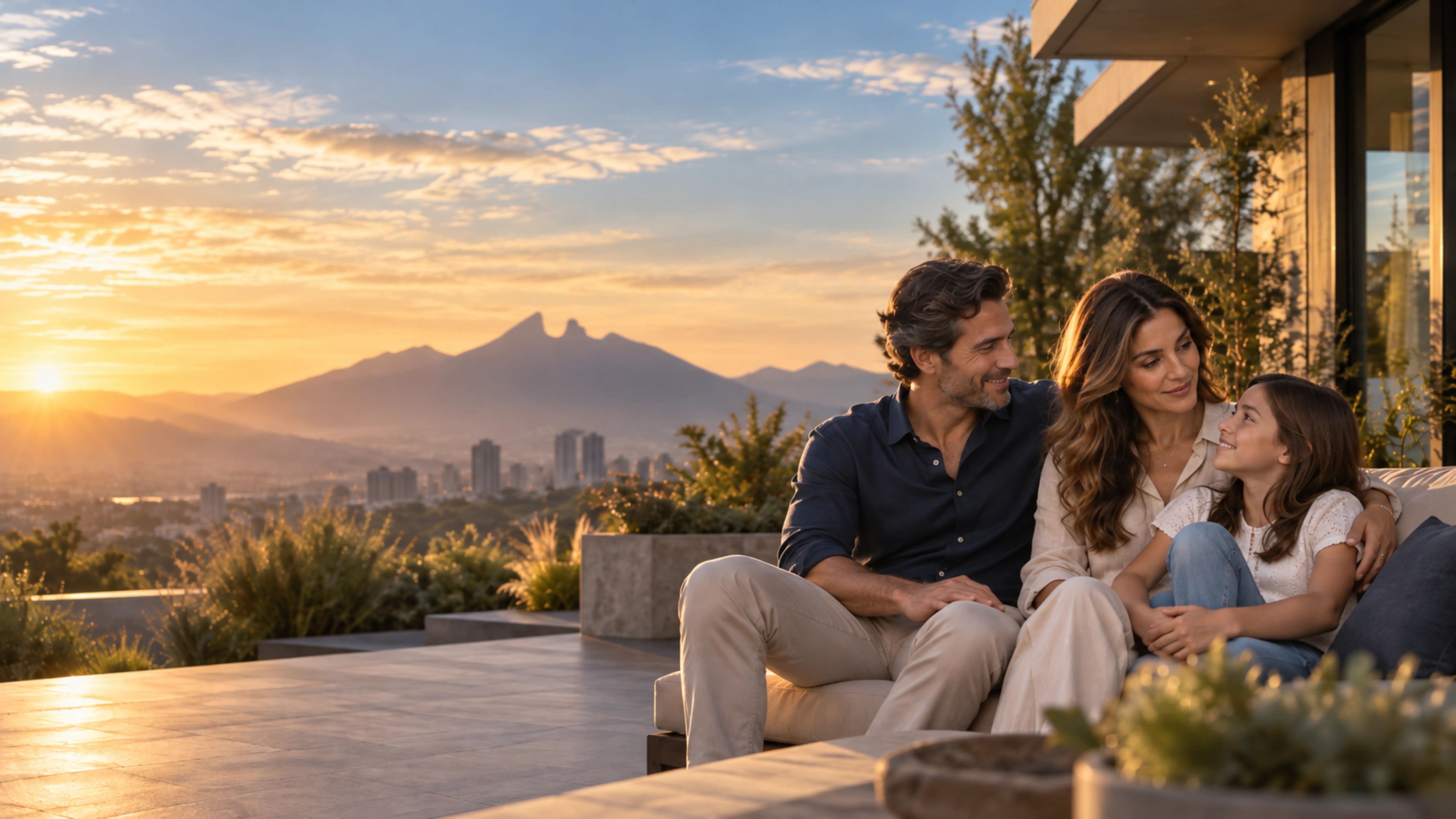 Familia de tres personas compartiendo un momento en una terraza residencial moderna, con ciudad y montañas al atardecer